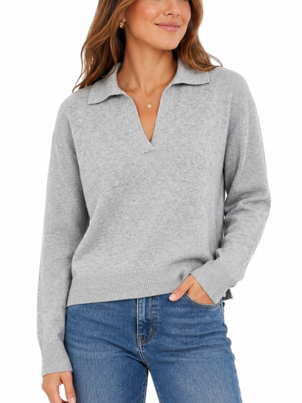 REITMANS Cashmere Blend Large Polo Knit Sweater Grey Small V-Neck Soft Preppy‎